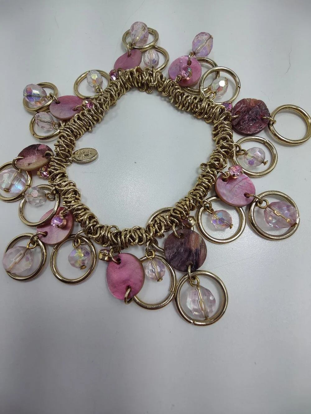 Cookie Lee Pink Rhinestone Iridescent Charm Bracelet Gold Tone Stretch Statement